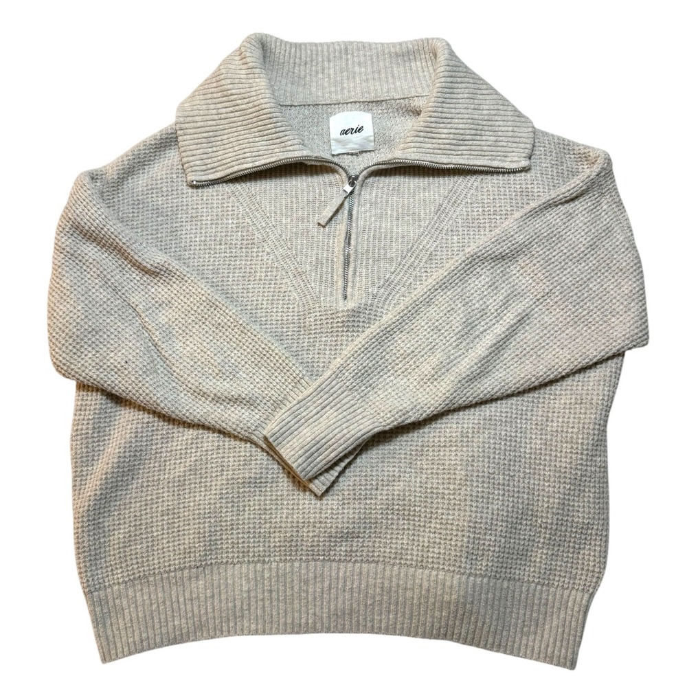 Aerie Womens XS Oatmeal Beige Waffle Knit Quarter Zip Oversized Sweater
